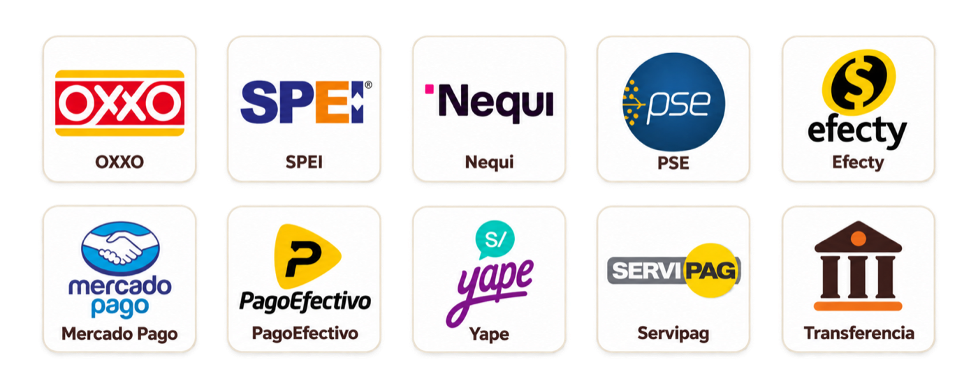 OXXO, SPEI, Nequi, PSE, Efecty, Mercado Pago, PagoEfectivo, Yape, Servipag y transferencia